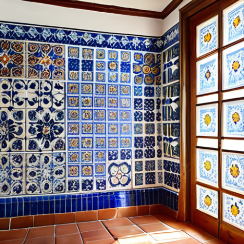 A richly detailed wall adorned with traditional Portuguese azulejos in a historic home's interior, such as a kitchen or hallway. Sunlight streams through a nearby window, highlighting intricate blue and white patterns alongside vibrant polychromatic scenes that evoke silent stories and a sense of timeless artistry. The space conveys a feeling of cool, inviting depth. Architectural photography style, high detail.