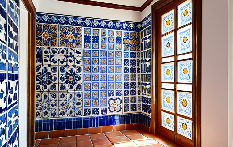A richly detailed wall adorned with traditional Portuguese azulejos in a historic home's interior, such as a kitchen or hallway. Sunlight streams through a nearby window, highlighting intricate blue and white patterns alongside vibrant polychromatic scenes that evoke silent stories and a sense of timeless artistry. The space conveys a feeling of cool, inviting depth. Architectural photography style, high detail.