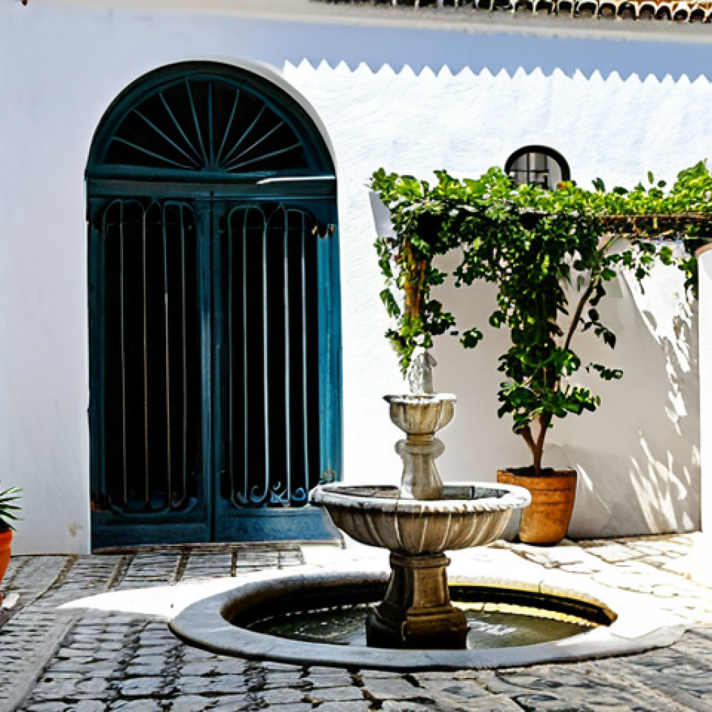 A Tranquil Portuguese Courtyard**

A serene inner courtyard in Portugal, sunlit, with whitewashed walls and traditional azulejo tiles. Potted plants and climbing vines adorn the walls. A small stone fountain trickles gently. Safe for work, appropriate content, fully clothed, family-friendly. Perfect anatomy, correct proportions, natural pose. High quality, professional photography, natural lighting, detailed textures.

**