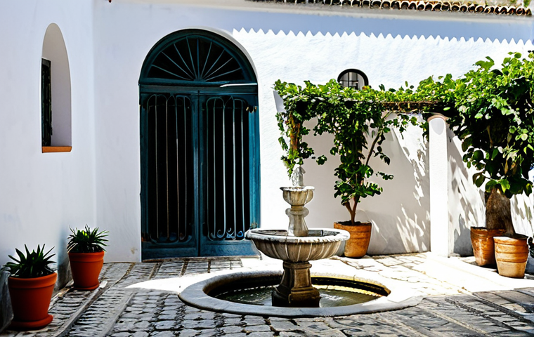 A Tranquil Portuguese Courtyard**
A serene inner courtyard in Portugal, sunlit, with whitewashed walls and traditional azulejo tiles. Potted plants and climbing vines adorn the walls. A small stone fountain trickles gently. Safe for work, appropriate content, fully clothed, family-friendly. Perfect anatomy, correct proportions, natural pose. High quality, professional photography, natural lighting, detailed textures.
**