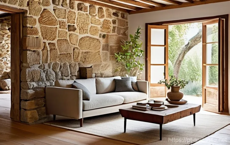 전통주택의 시공 사례 - **Prompt:** A serene, sunlit living room inside a newly restored Portuguese home, showcasing the rus...