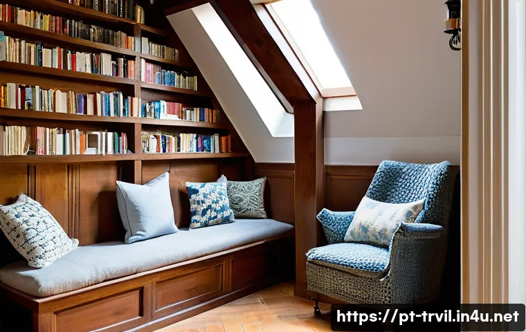 전통주택에서의 창의적 공간 활용 - **Prompt:** A cozy, inviting reading nook nestled under a traditional wooden staircase in an old Por...
