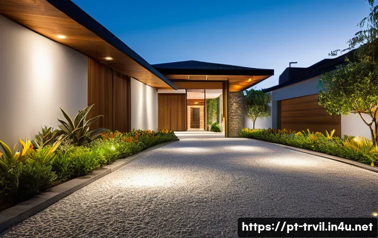 전통주택의 주차 공간 설계 - A beautifully designed residential parking area adjacent to the main entrance of a traditional Brazi...