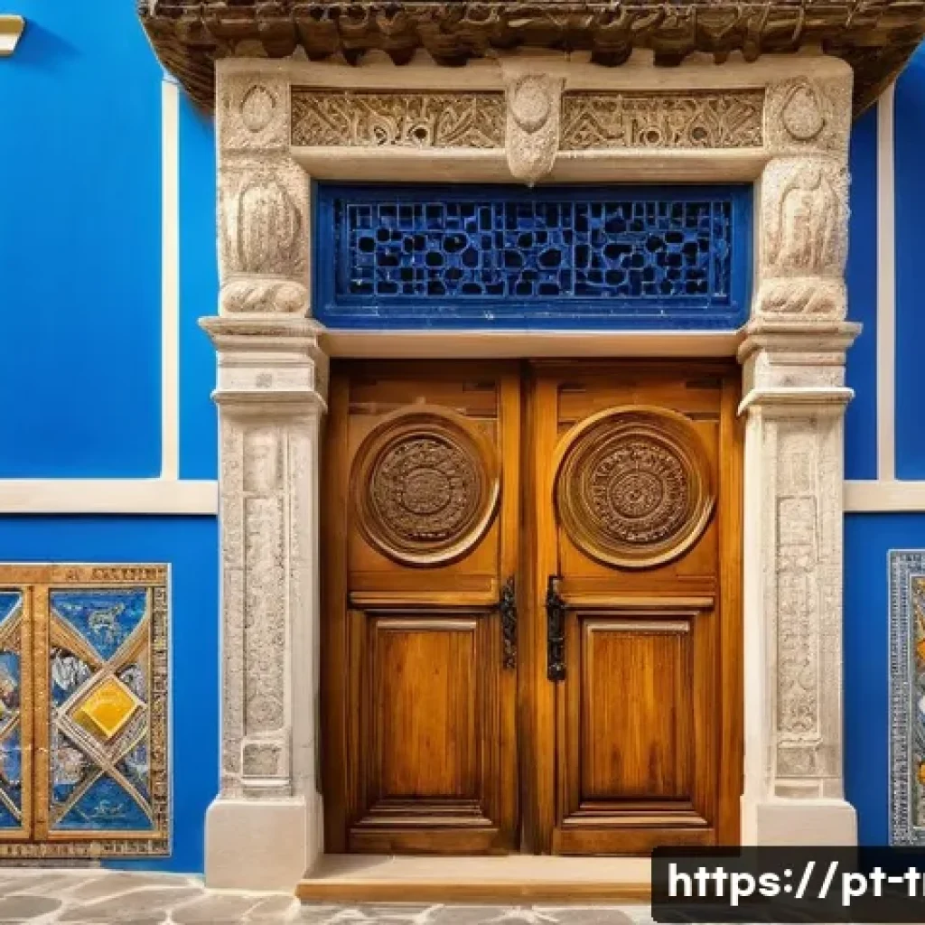 전통주택의 장식적 요소 - A traditional Portuguese house entrance featuring intricately hand-carved wooden doors with geometri...