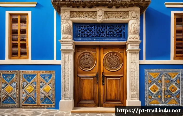 전통주택의 장식적 요소 - A traditional Portuguese house entrance featuring intricately hand-carved wooden doors with geometri...