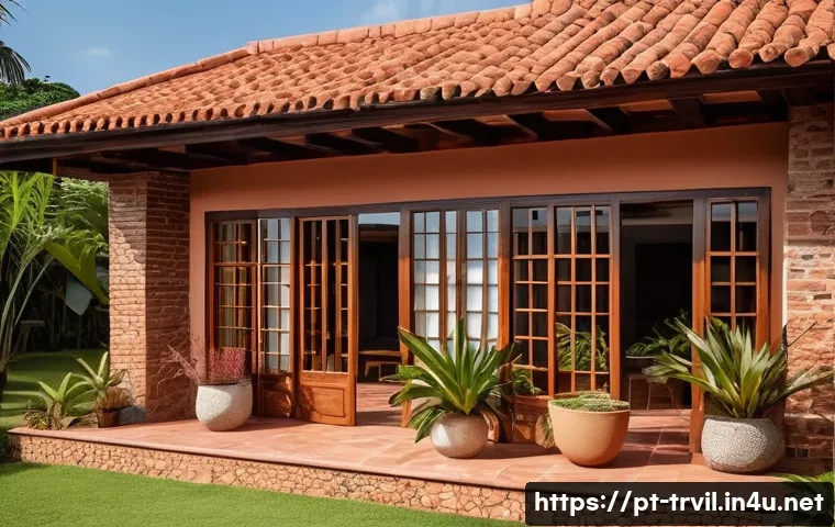 전통주택의 재료 선정 - A traditional Brazilian rustic house exterior showcasing a harmonious blend of natural materials: ri...