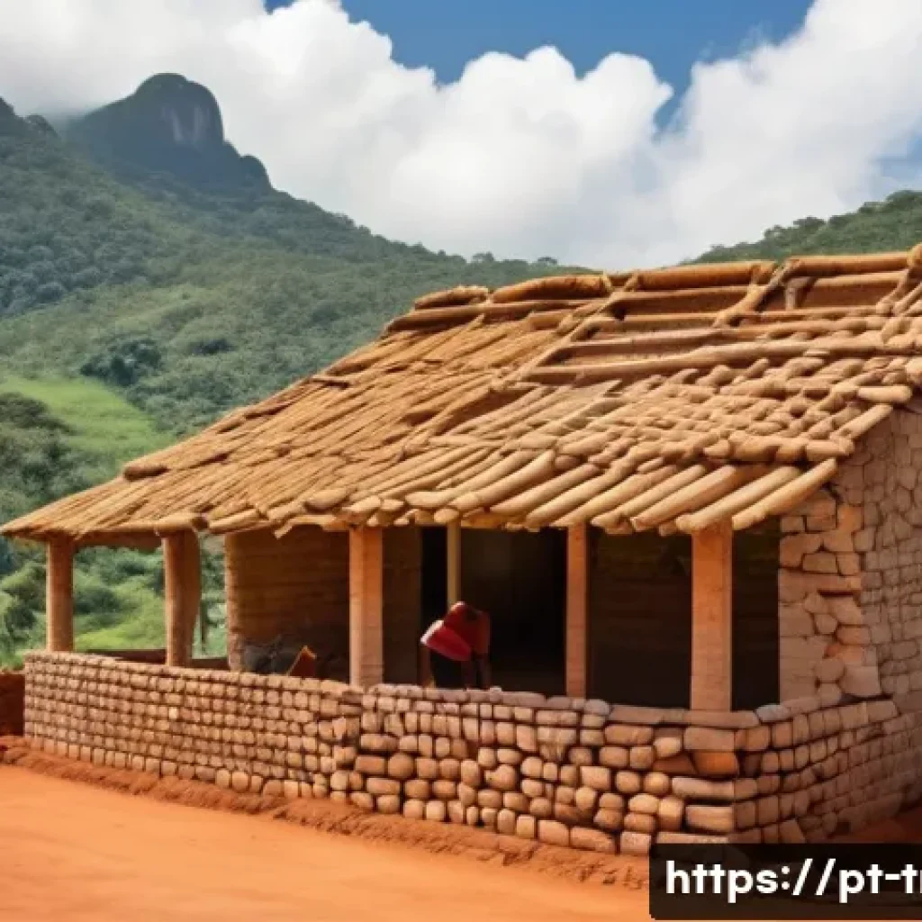 전통주택의 복잡한 시공과 절차 - A traditional Brazilian rural house under construction, featuring workers skillfully assembling natu...