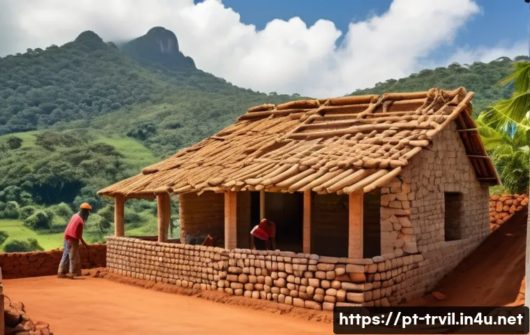 전통주택의 복잡한 시공과 절차 - A traditional Brazilian rural house under construction, featuring workers skillfully assembling natu...