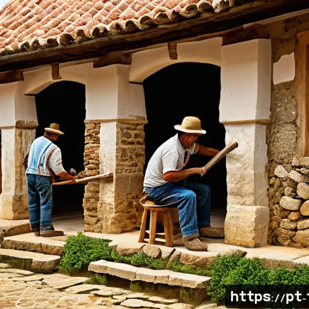 전통주택 수리 - A traditional Portuguese rural house restoration scene featuring artisans applying natural lime-base...