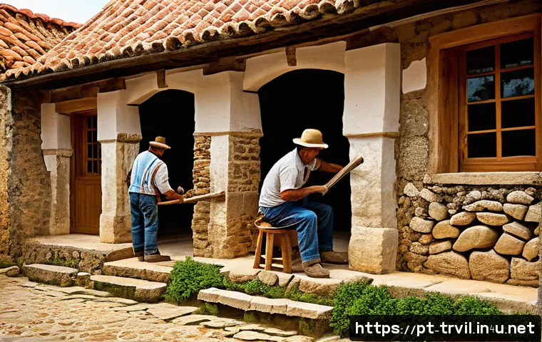 전통주택 수리 - A traditional Portuguese rural house restoration scene featuring artisans applying natural lime-base...