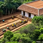 Home 22 한옥 기초 설치 방법 - A detailed aerial view of a traditional Brazilian rural construction site preparing the foundation: ...