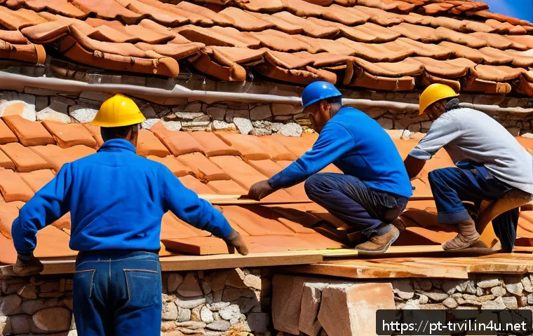 전통주택 보수 공사 비용 - A detailed scene of a traditional Portuguese house renovation in progress, showing skilled craftsmen...