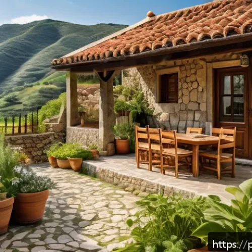 Home 31 전통주택의 실용성 - A charming traditional stone and wood house nestled in a lush mountainous landscape during summer, f...