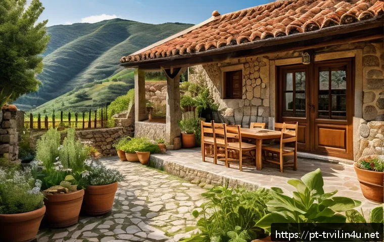 전통주택의 실용성 - A charming traditional stone and wood house nestled in a lush mountainous landscape during summer, f...
