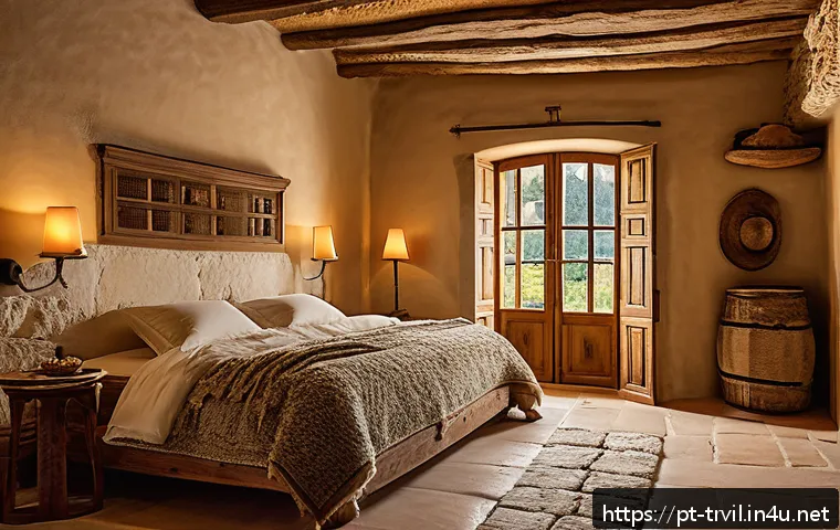 전통주택의 단열 - A cozy traditional Portuguese house interior showcasing natural fiber insulation materials like shee...