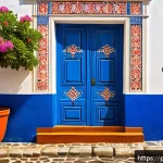 Home 23 전통주택의 문양 - A vibrant traditional Portuguese village street scene featuring a close-up of an intricately decorat...