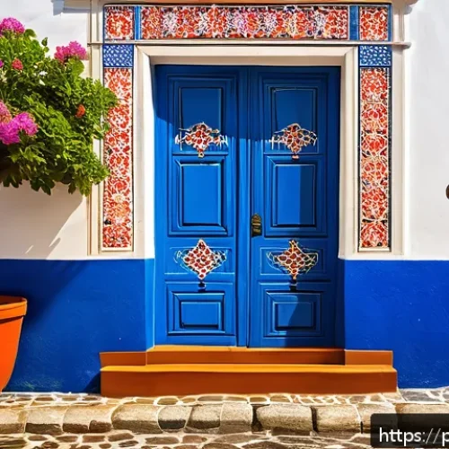 Home 17 전통주택의 문양 - A vibrant traditional Portuguese village street scene featuring a close-up of an intricately decorat...