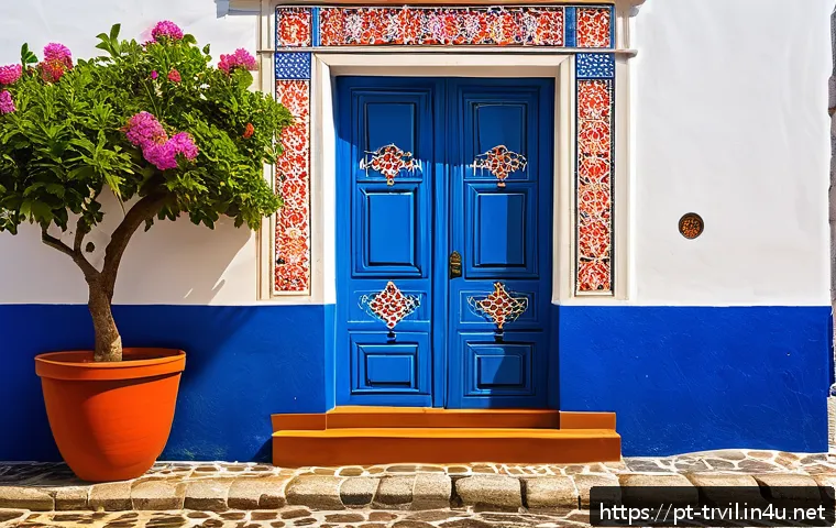 전통주택의 문양 - A vibrant traditional Portuguese village street scene featuring a close-up of an intricately decorat...