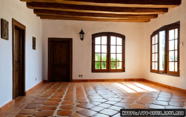 전통주택의 바닥재 선택 - Photorealistic interior of a traditional Portuguese countryside home, clear side-by-side flooring co...