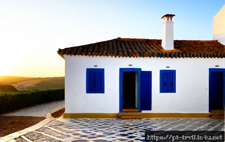 Home 17 전통주택의 외벽 디자인 - Photorealistic exterior of a traditional Portuguese Alentejo cottage, whitewashed thick stucco walls...