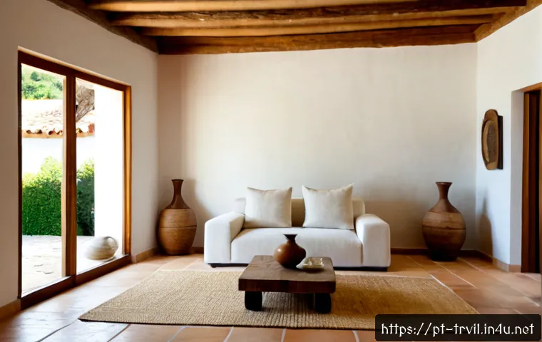 Home 17 한옥 거실 - Photorealistic serene living room in a Portuguese countryside home, featuring warm honey-toned expos...
