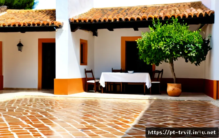 한옥 마당의 역할 - Photorealistic wide view of a traditional Portuguese courtyard at the heart of a whitewashed family ...