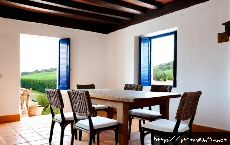 전통주택에 어울리는 가구 - Photorealistic traditional Portuguese countryside home interior, warm terracotta tile floor, whitewa...